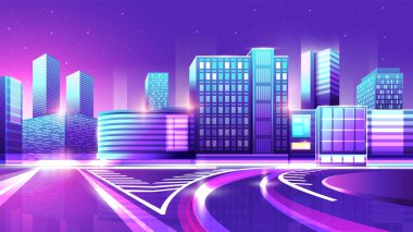 Gece Bulvarı 'nın vektör neon renkli çizimi. İnsansız ve arabasız boş bir şehir..