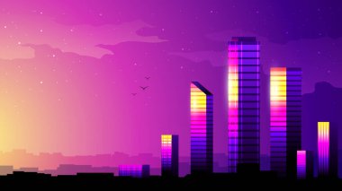 Gün batımı arka planında güzel kentsel gökdelenlerin vektör eğimli çizimi.