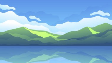 Gündüz mavi gökyüzü arka planında dağ sırasına sahip yeşil tropikal ada.