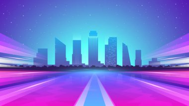 Gece şehrinin arka planında hareket halindeki gece yolunun vektör gradyan çizimi.