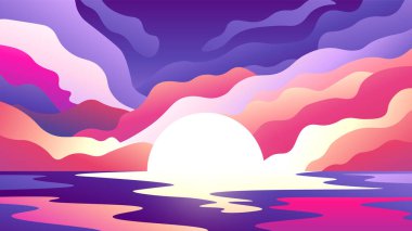 Güzel yatay deniz manzarası. Parlak gün batımı su yüzeyine yayılır..