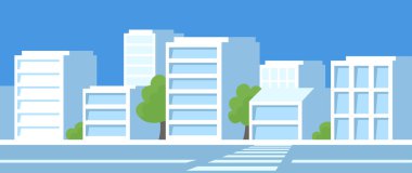 Mavi gökyüzü arka planında beyaz, parlak, soyut bir metropol. Yatay düz pankart iş şehri görünümü.