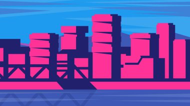 Günbatımı arka planında akşam modern şehir. Pembe gökdelenlerin güzel manzarası.