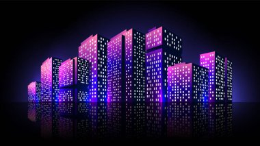 Siyah arka planda izole edilmiş parlak neon siber punk metropol. Bir gece şehrinin yatay çizimi.