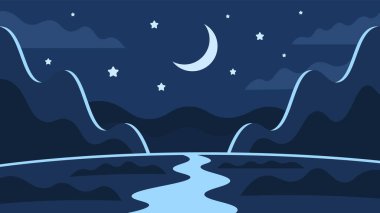 Parlayan ay arka planında, yüksek dağlar arasında güzel bir gece çizimi. Gizemli yatay karanlık manzara.