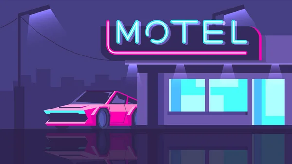 Parlak pembe modern araba, gece şehir arka planında bir motelin yanında duruyor..