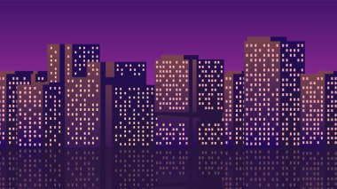Horizontal retro wave city landscape. Evening sunset urban illustration 90s.