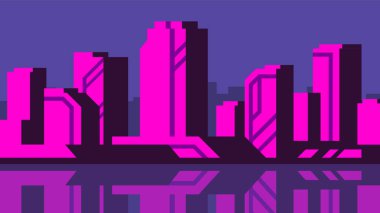 Dark evening time in the city. Pink reflections of sunset over tall buildings. Metropolis horizontal vector illustration for social media, banners.