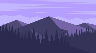 Dark gray mountains with dense forests on a purple sky background. Gloomy evening horizontal illustration.