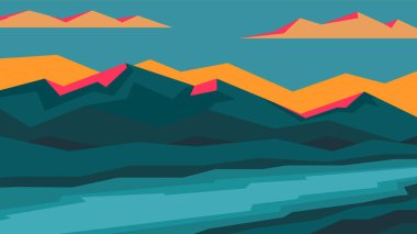 Minimalistic natural horizontal landscape. Beautiful yellow sunset over mountains and flowing river. 