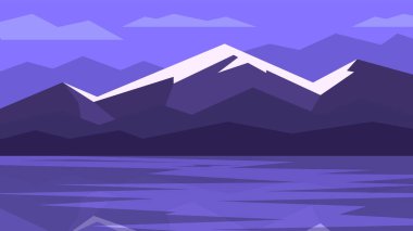 High mountain on the bank of a large body of water. Blue gloomy nighttime horizontal illustration of nature.