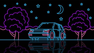 Retro car stands at night in the park on the moon background. Outline neon vintage illustration.