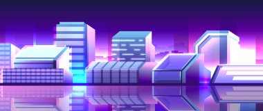 Night business center horizontal illustration. Urban neon street of shining commercial buildings.