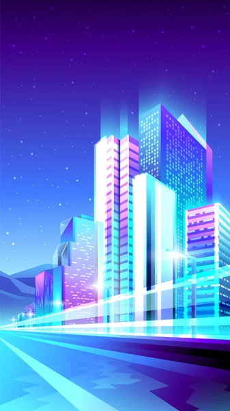 Vector vertical banner of neon skyscrapers.