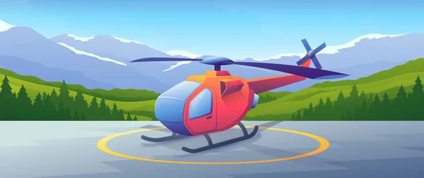 Realistic colorful helicopter stands on landing strip. Aircraft transport cartoon illustration on mountains background.