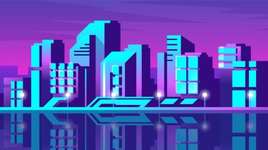 Shining neon cyberpunk metropolis. Horizontal illustration of urban view on pink sky background.