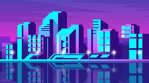 Shining Neon Cyberpunk Metropolis Horizontal Illustration Urban View Pink Sky — Stock Vector