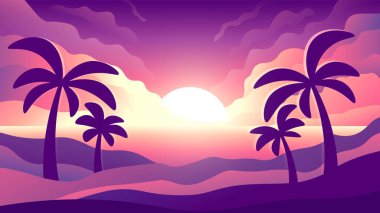 Parlak günbatımı arka planında palmiye ağaçları olan tropik bir sahil. Akdeniz 'in huzurlu akşam manzarası.