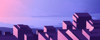 Gün batımında su koyunun üstünde çatı manzarası. Renkli kentsel yatay şehir manzarası çizimi.