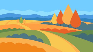 Sonbahar turuncu çayırlarda ve ağaçlarda dolambaçlı bir yol. Sıcak yatay hava manzarası çizimi.
