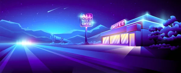 Vektorillustration Des Nächtlichen Straßencafés Mit Leuchtreklamen — Stockvektor