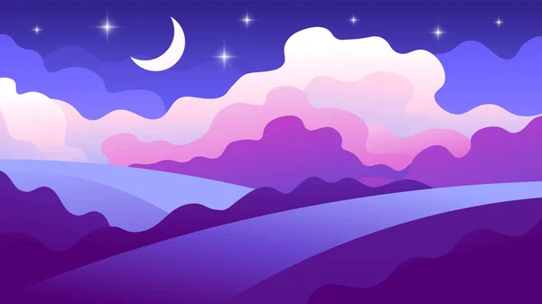 Kaunis Upea Yömaisema Niityt Kukkulat Kuussa Tähdet Yötaivaalla Taustalla — vektorikuva