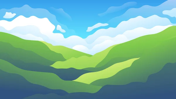 在蓝天背景的蓬松的云彩上 高耸的青山 横向农村景观说明 — 图库矢量图片