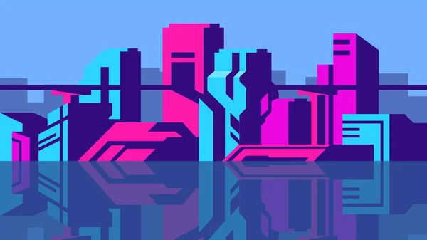 Geometryczne Nowoczesne Cyberpunkowe Miasto Pozioma Ilustracja Miejskiego Widoku Tle Błękitnego — Wektor stockowy