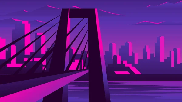 Όμορφο Ροζ Ηλιοβασίλεμα Μητρόπολη Φόντο Μεγάλη Γέφυρα Πάνω Από Ποτάμι — Διανυσματικό Αρχείο
