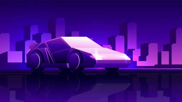 未来的なトラックの車は夜の大都市の背景で道路に立っています ナイトライフ水平ネオンイラスト — ストックベクタ