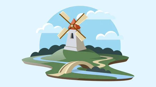 岛上蜿蜒小河边的老风车 简约主义风格的孤立的自然标志 — 图库矢量图片