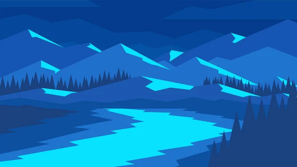 Mystérieux Paysage Rivière Coulant Sur Fond Montagne Illustration Horizontale Plate — Image vectorielle