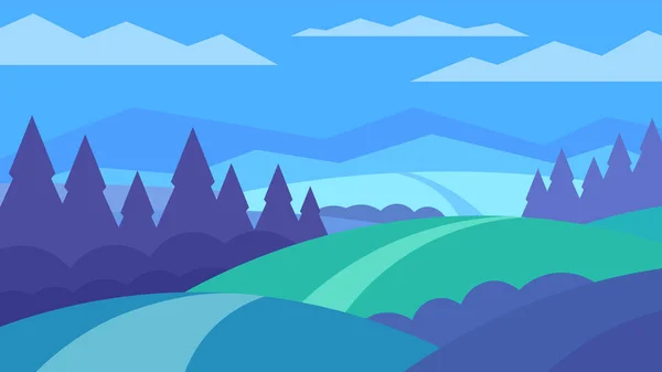 Minimalistisch Flache Landschaft Helle Hügel Wiesen Und Wälder Vor Blauem — Stockvektor