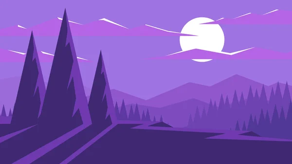 明るい月明かりの背景に木々や山々の夜間神秘的なシーンのシルエット ミニマリズムフラット水平風景 — ストックベクタ