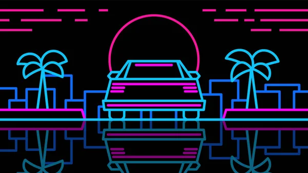 Neon Moderne Auto Steht Auf Palmen Und Stadt Hintergrund Umriss — Stockvektor