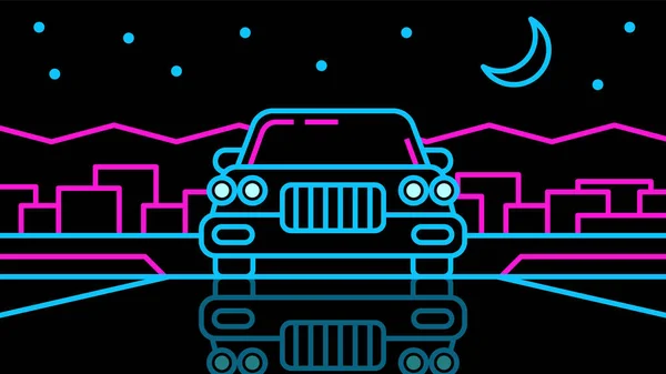 市内を車で横断する 夜の都市交通シーン 黒を背景にレトロゲームスタイルでネオンヴィンテージイラスト — ストックベクタ