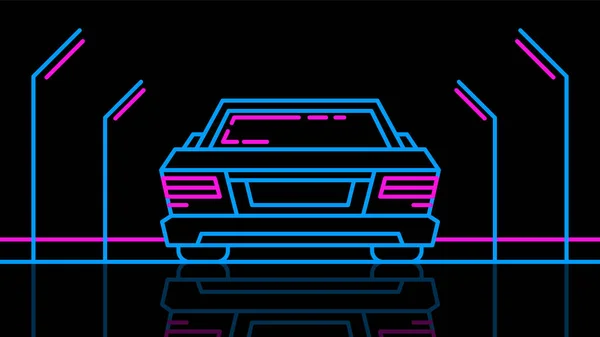 Neon Autó Évekbeli Stílusban Áll Éjszakai Úton Vázlat Retro Illusztráció — Stock Vector