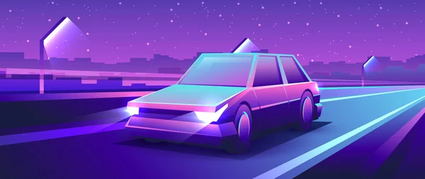 Neonowy Samochód Jedzie Nocną Autostradą Pozioma Miejska Ilustracja Realistycznego Krajobrazu — Wektor stockowy