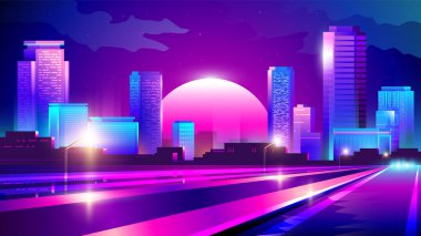 Şehir manzarası ve günbatımının arka planına karşı bir gece neon otoyolunun vektör eğimli çizimi.