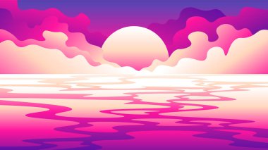 Su yüzeyindeki bulutlar arasında batan güneşin soyut akşam çizimi.