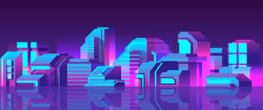 Modern fütürist siber punk metropolü. Gece yatay illüstrasyonu.