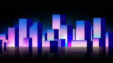 Renkli neon metropollü modern soyut illüstrasyon. Finans sektörü soyut geçmişi. Vektör illüstrasyon gece sahnesi.