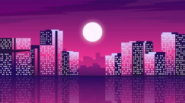 Modern şehrin üzerinde parlak bir dolunay. Metropolis gece hayatı manzarası.