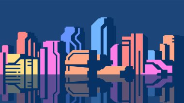 Düz renkli siber punk ofis binaları yatay afiş.