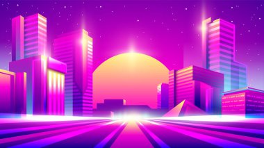 Arka planda ay olan gece şehrinin vektör neon renkli gradyan çizimi. İnsansız ve arabasız boş bir şehir..