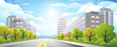 Vector illustration of day city street with buildings in the Soviet constructivism style. clipart