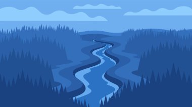 Flat illustration of natural scene. Mystical forest and long flowing river horizontal night landscape. clipart