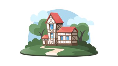 Beyaz arka planda izole edilmiş eski Alman yarı keresteli binası. Çizgi film tarzında tipik ortaçağ ahşap çerçeve.