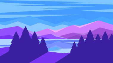 Dağ sıralarının minimalist siluetleri ve mavi gökyüzü arka planında göl.