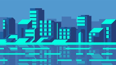 Modern akşam şehri. Gökdelen düz binalar fütüristik tarzda.